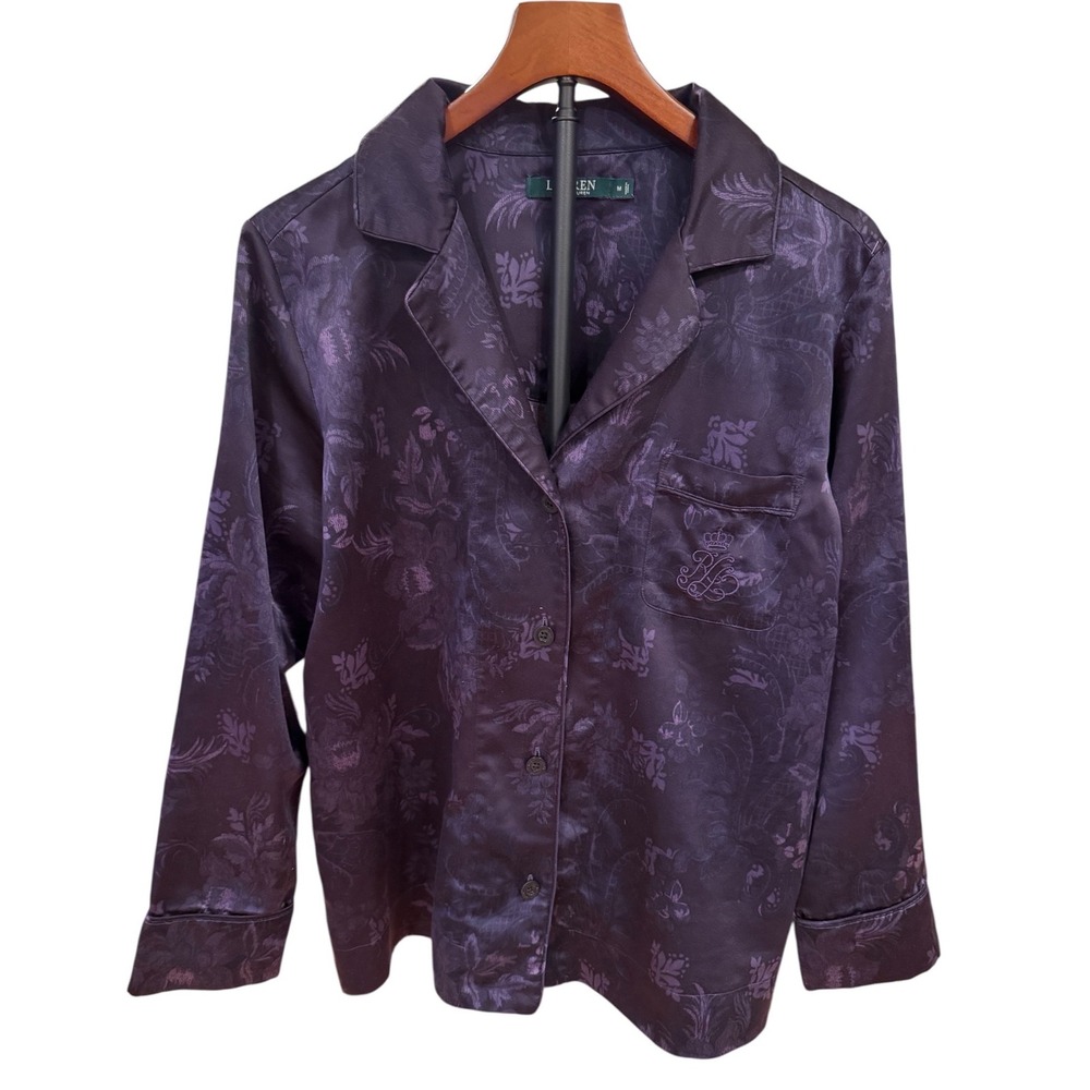Lauren Ralph Lauren Purple Floral Jacquard‎ Pajama Top Sleep Shirt Crest Logo M